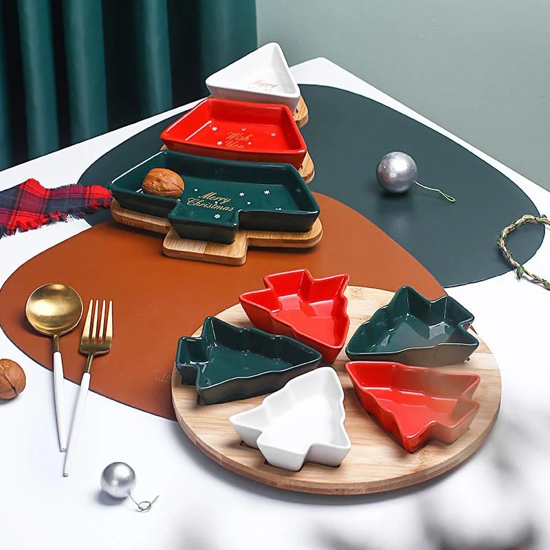 Christmas Tree Shaped Plates with Bamboo Tray Candy Nut Serving Container Platters Snacks Fruits Plate Ceramic Snack Tray