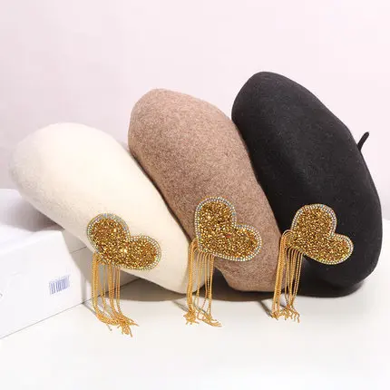 Custom Classy Rhinestone Bling Hat Women Love Pattern Diamond Tassel Wool Berets