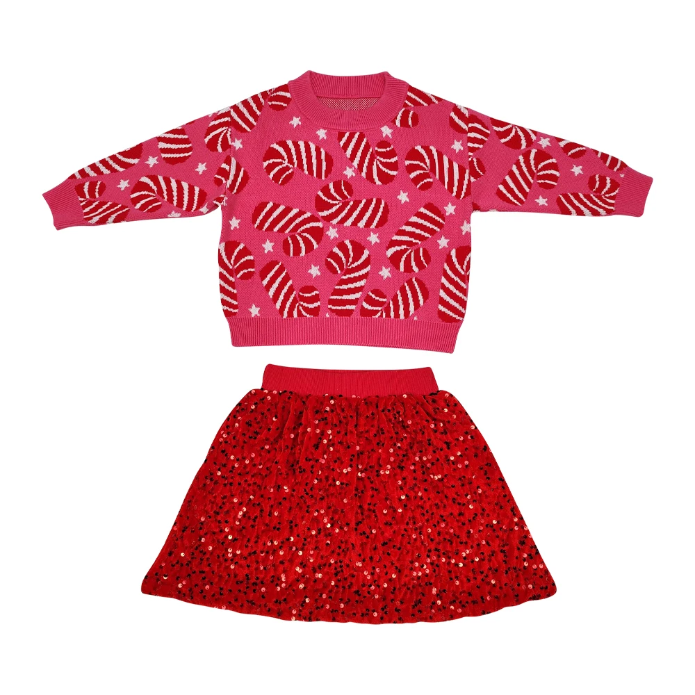 RTS baby girl Christmas candy cane sweater top matching sequins dress outfit wholesale boutique clothes kids fashion outfit