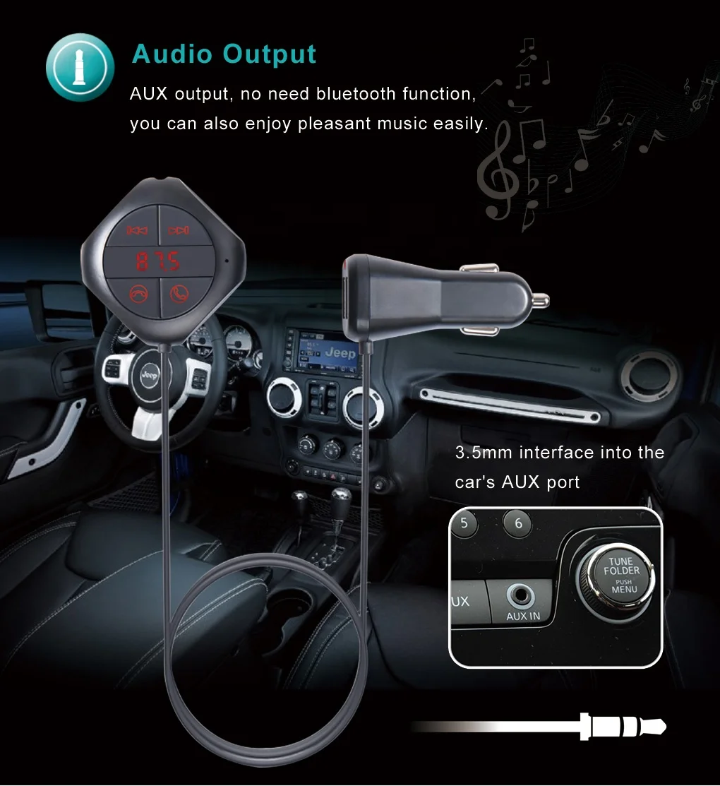 Long hanging type dual usb Radio Hands Free Receiver Car Audio Bluetooth wireless 5.0 FM Transmitter modulator Car MP3 Player