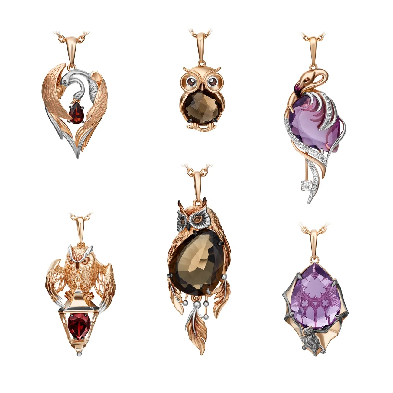 Fauna Stylish Pendant 14K Rose Yellow White Gold Garnet Amethyst White Topaz Smoky Quartz Enamel Cubic Zirconia 2022 Jewelry