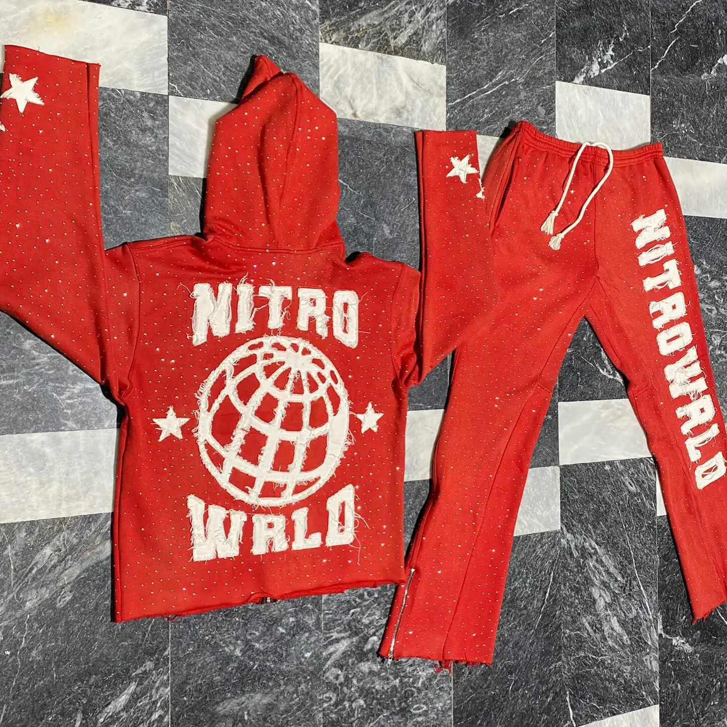 Manufacturer zipup Custom Rhinestone Full Face Zip Up Hoodie Distressed Patch fullzip Sweatpants And zipper Hoodie Sets For Men