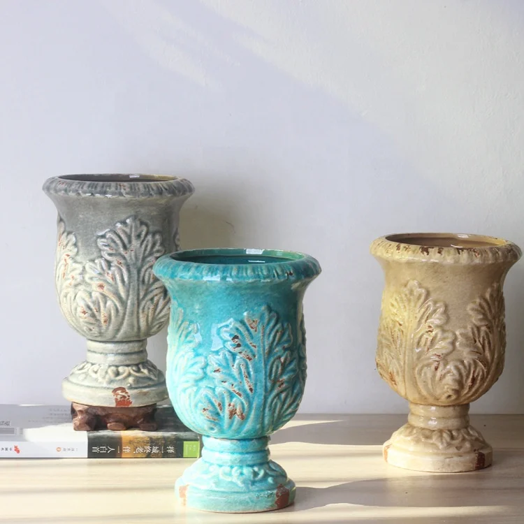 Ceramic flowerpot flower ware trophy European fleshy old pile ice cracked glaze embossed retro old flower pot