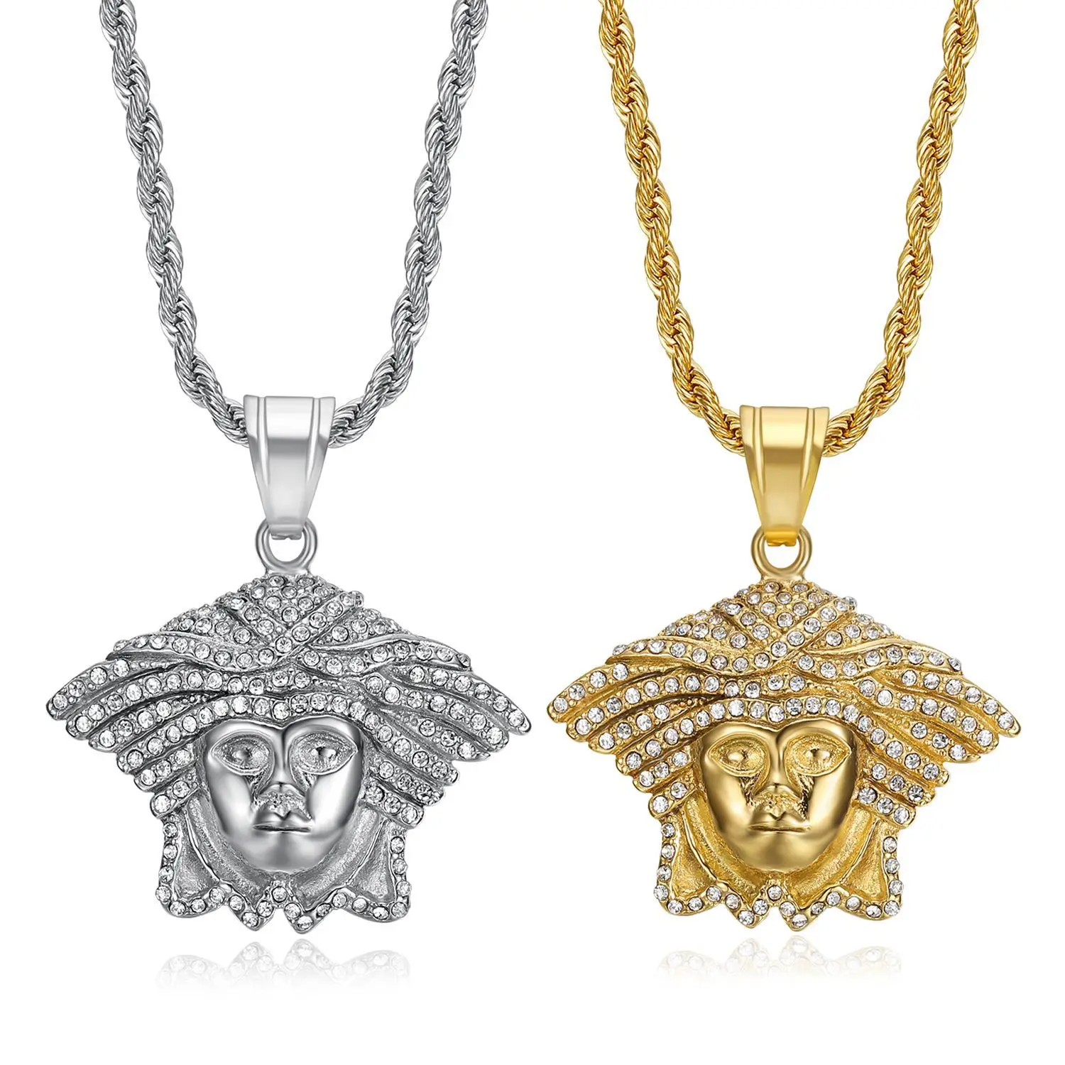 Custom Medusa Greek Ice Out Inlaid Zircon Hiphop Stainless Steel Fine Fashion Jewelry Pendant Necklace Pvd Gold Plated for Woman