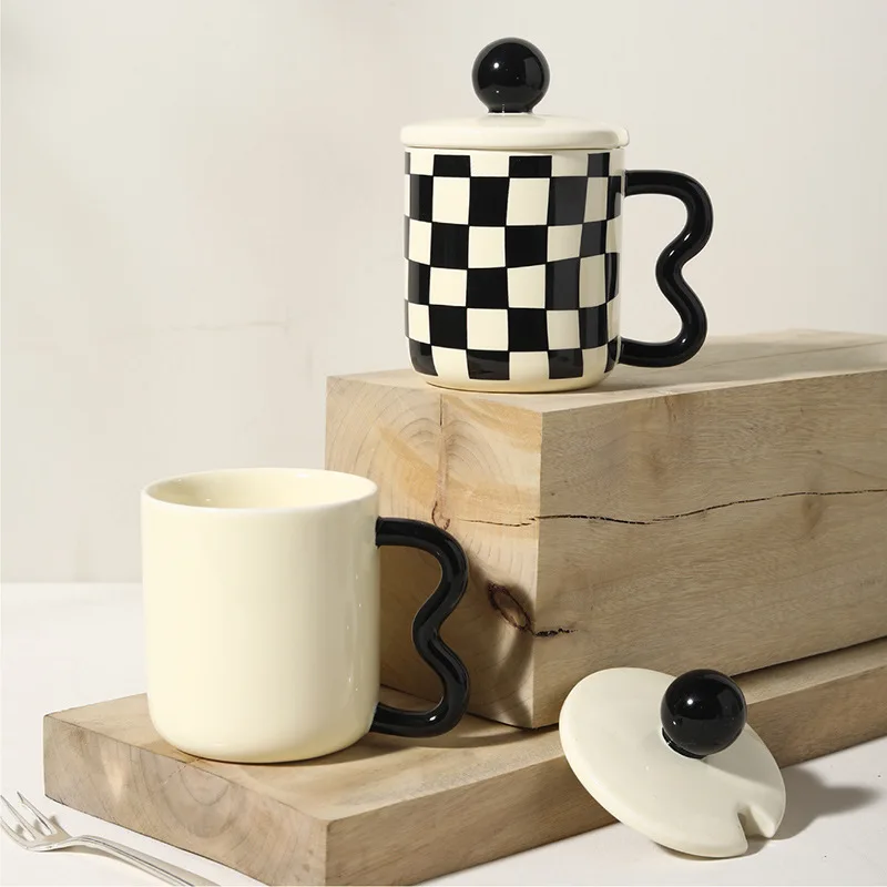 checkerboard checked mug retro ceramic water cup with lid