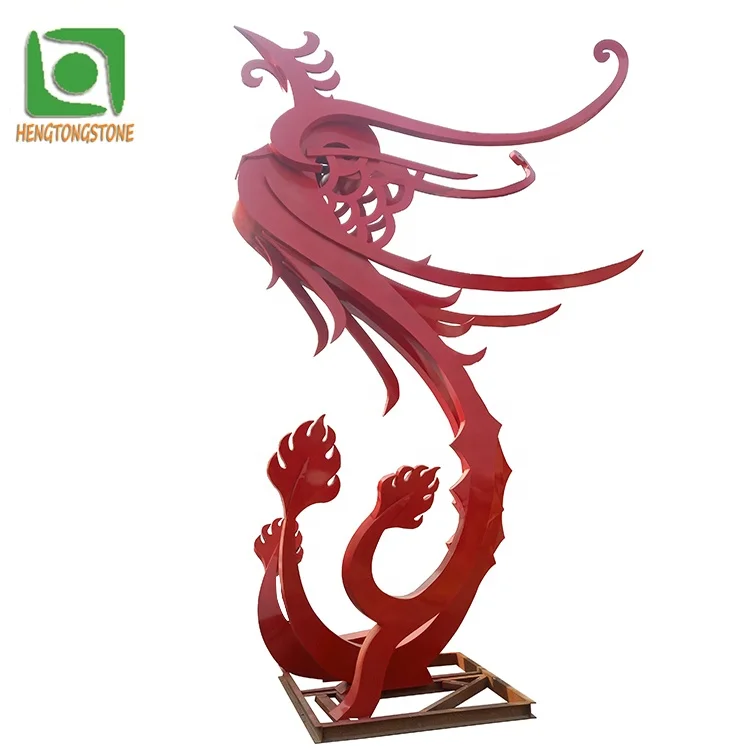 Decorative Metal Animal Statue Stainless Steel Red Phoenix Sculpture In Stock