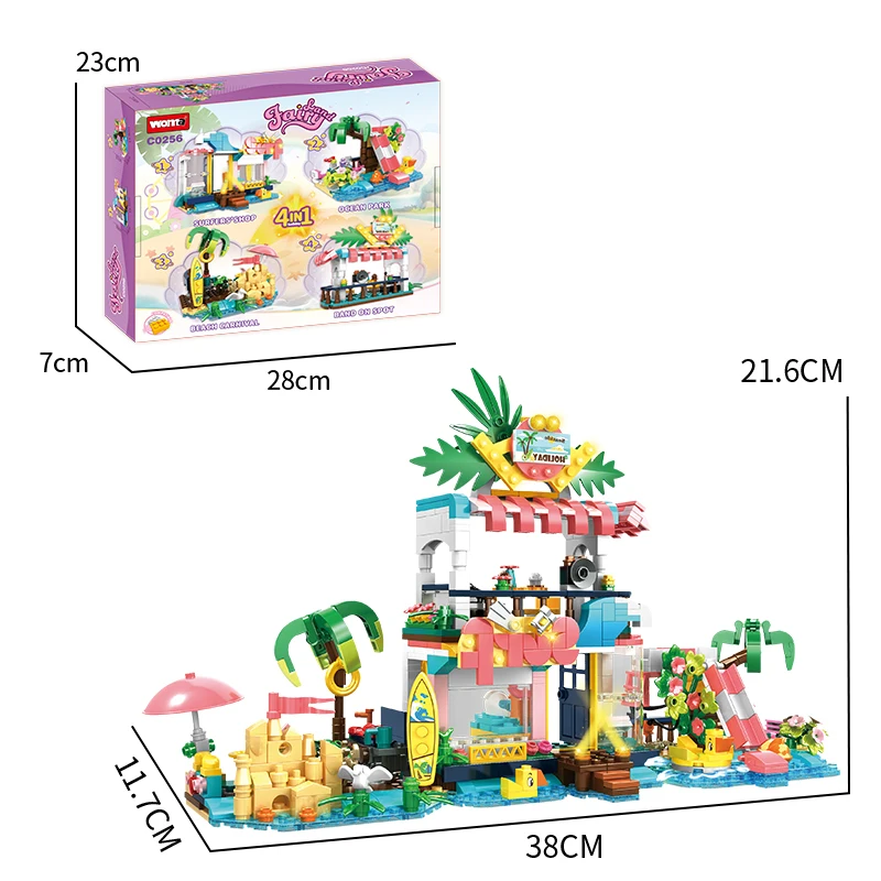 WOMA TOYS C0256-DS 617pcs 4 in 1 sea beach holiday house scenes land building block brick toy set for kids