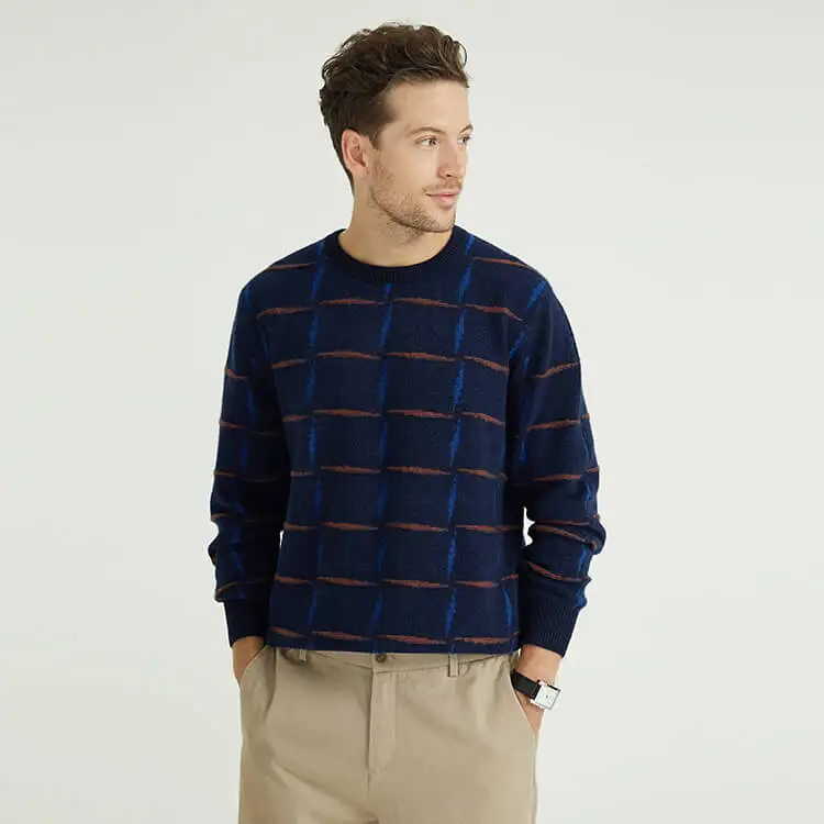 Mens Intarsia 100% Recycled Cashmere Knit Sweater Winter Crew Neck Pullover Jumpers For Men China Knitwear Manufacturer