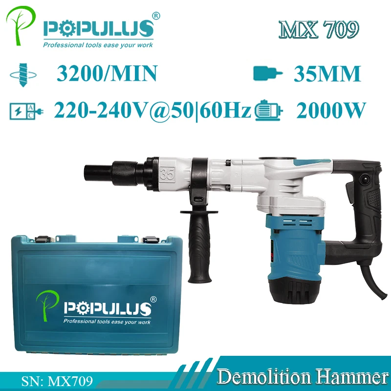 iPOPULUS 2000W 30J Concrete Breaker Machine Small Rock Breaker Hammer Hand held Demolition 0835 11E Jack Hammer Drill