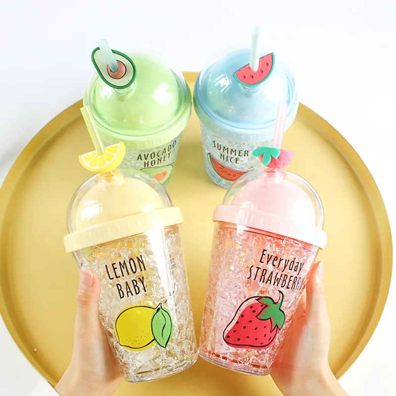 
Girlwill Summer Ice Cup Plastic Insulated Double Wall And Dome Lid Mugs Custom Water Tumbler With Straws And Silicone fruit 