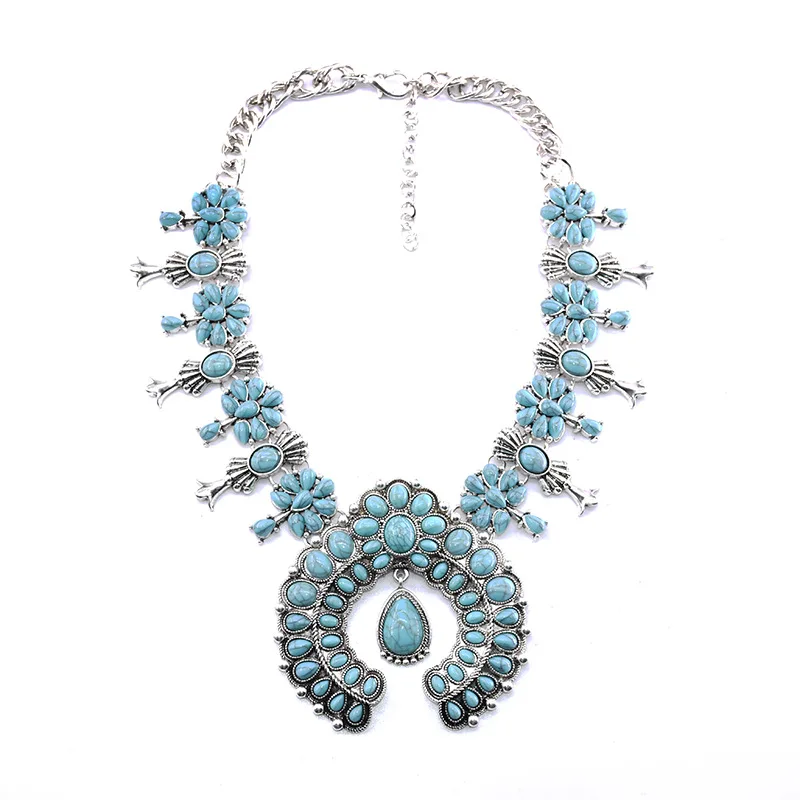 2023 Vintage Squash Blossom Turquoise Natural Stone Exaggerated Flower Statement Necklace