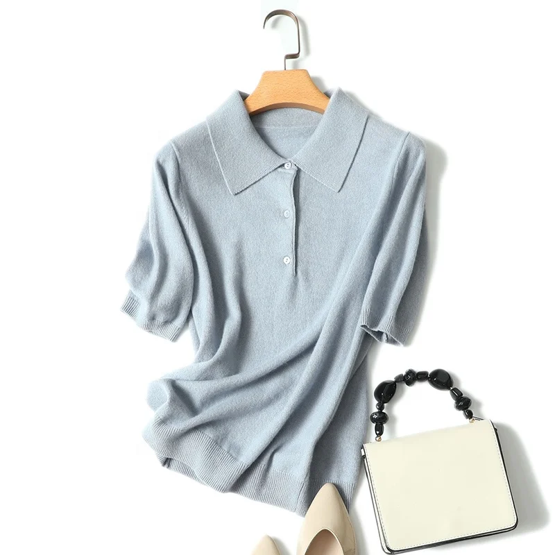 2022 new women pure cashmere polo sweater fashion short sleeve knit tops cashmere t shirt