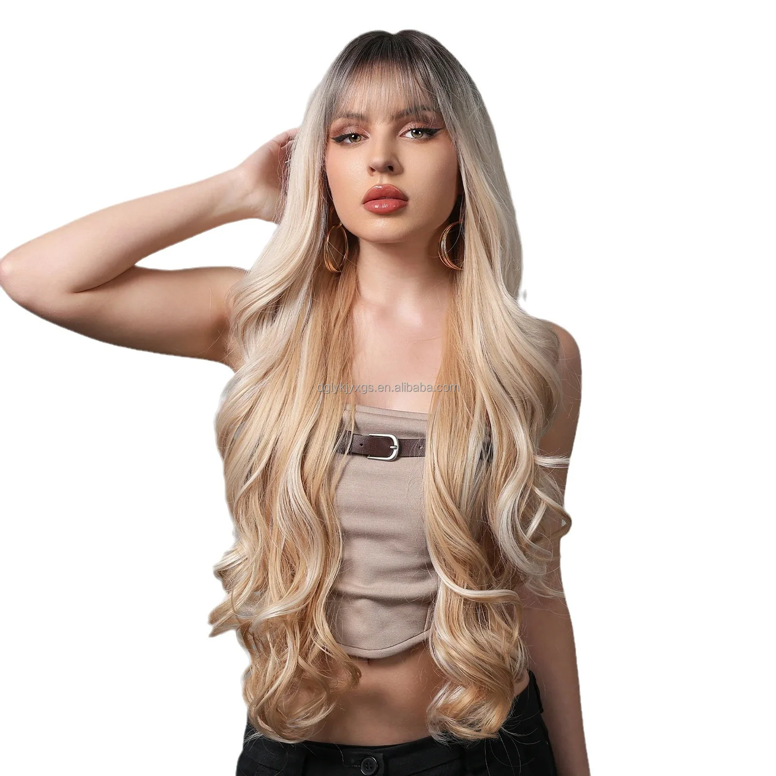 Hot sales Synthetic Hair Wigs 30 Inch bangs big waves fashion long curly hair Dark brown Gold Brown water wave wig women hair