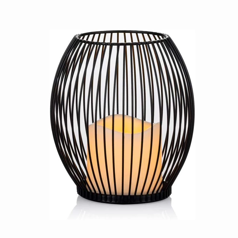 Black Metal Outdoor Wire Cage Pillar LED Candle Holder for Table Centerpiece Home Mantel Fireplace, Decorative Candle Lantern