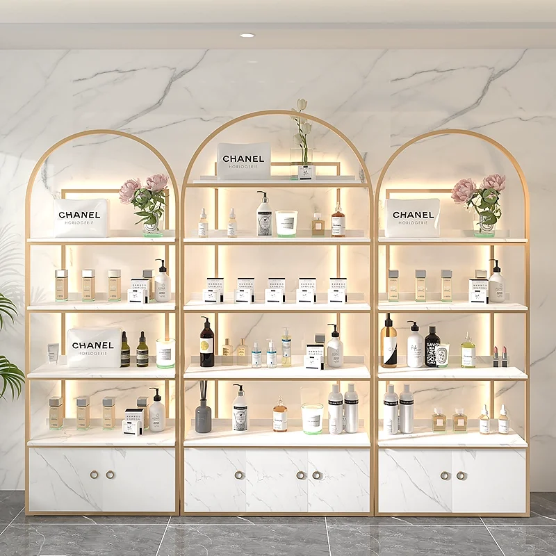 Customized beauty salon cosmetics display cabinet skincare products bag shelf light luxury nail salon floor standing shelf with