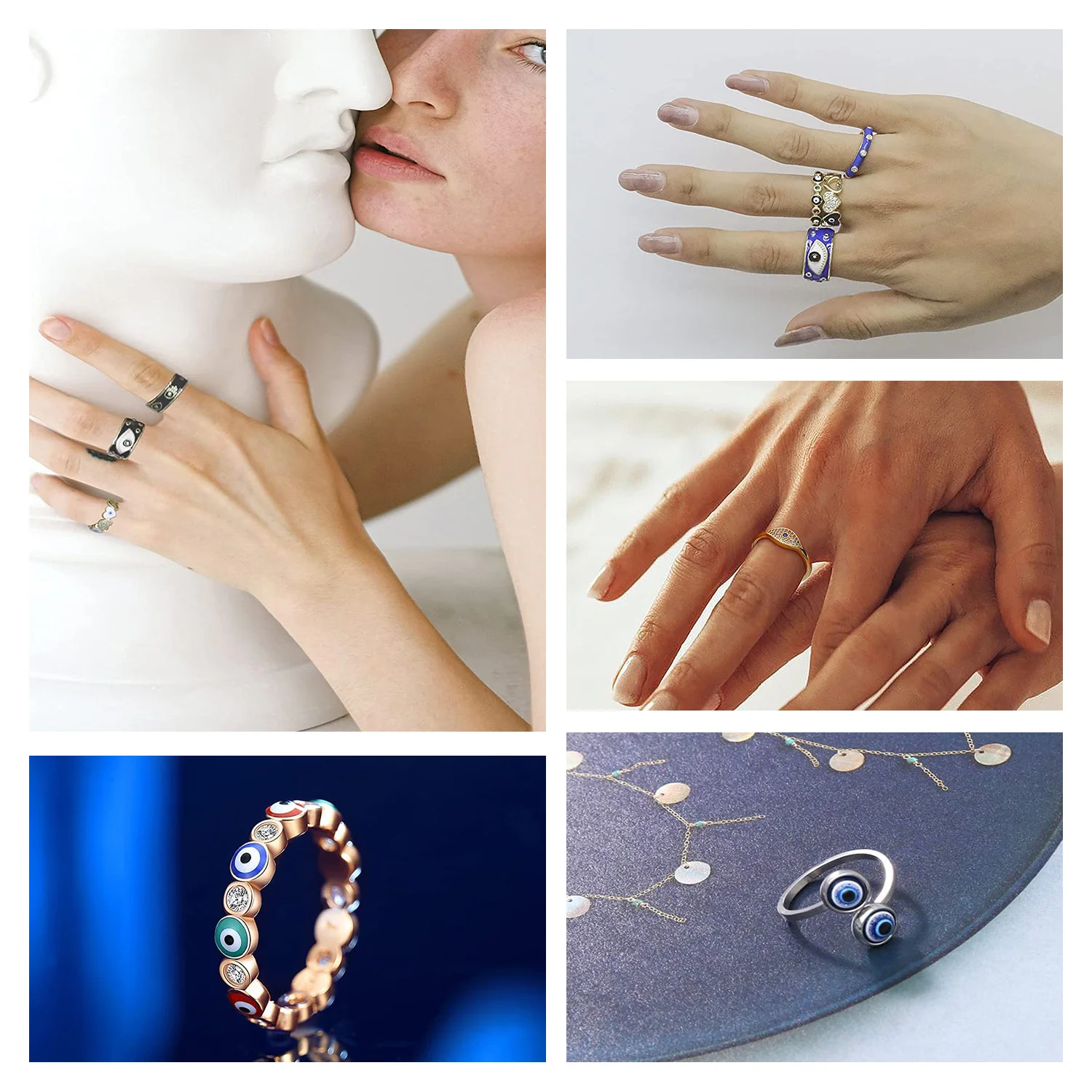 Fashion Transparent Hamsa Stones Dome Neon 18K Gold Plated Adjustable Stainless Steel For Women Diamond Rose Dainty Eye Ring