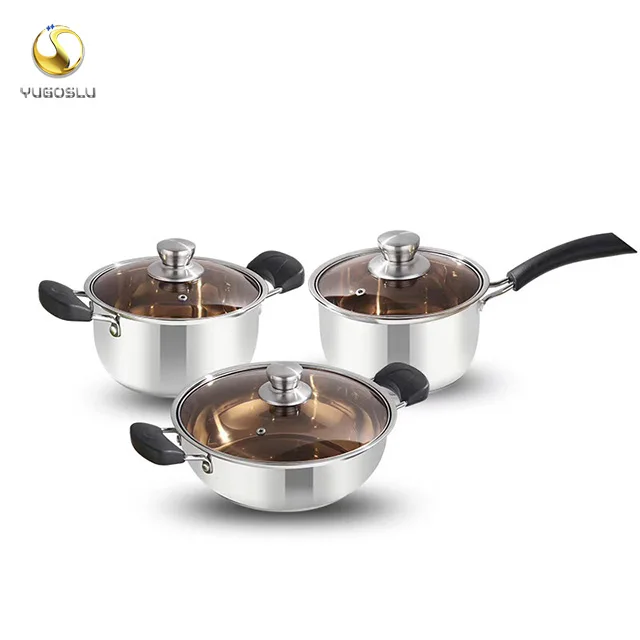 New European style cooking pot set stainless steel stock pot  hot pot cookware set with handle and glass lid