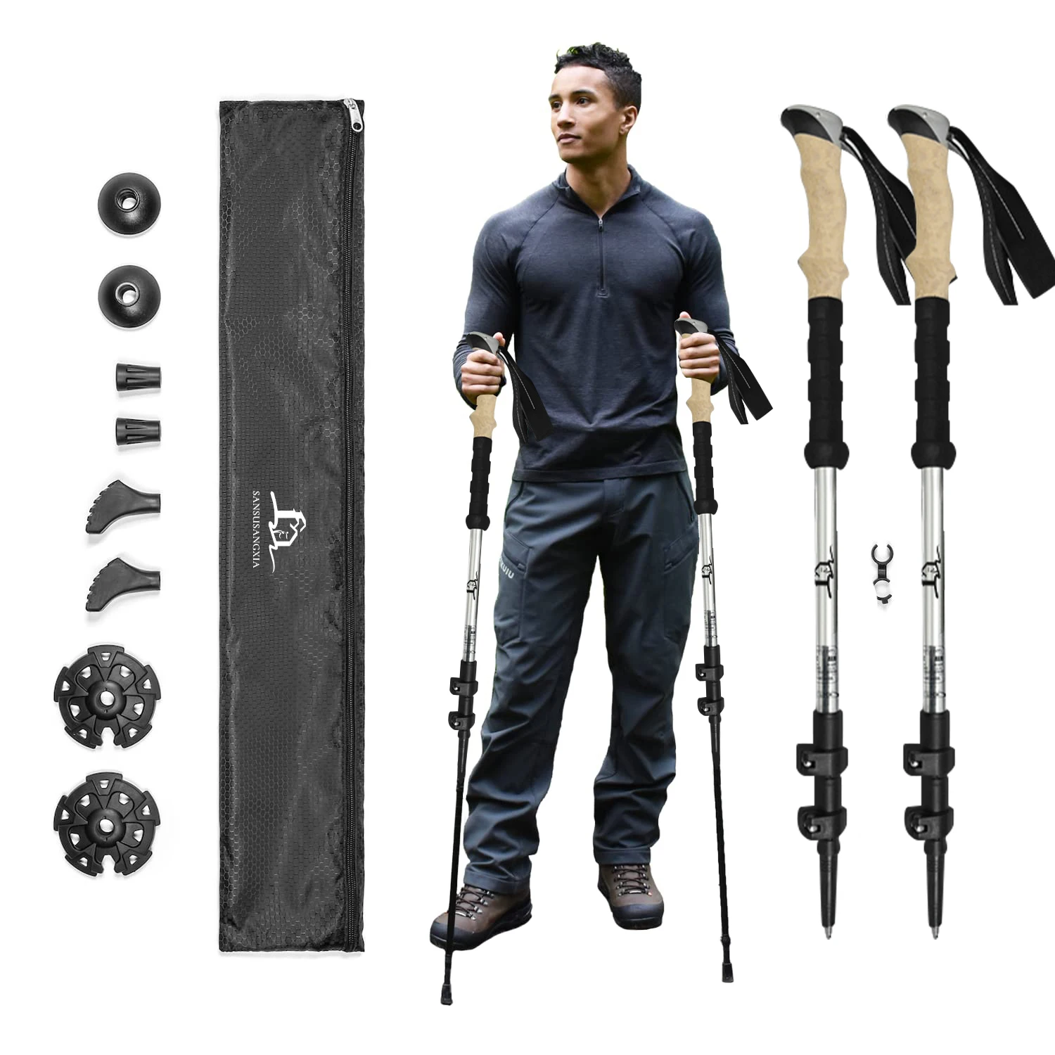 3-Section Cork Grip Duralumin 6061 Tracking Walking Hiking Sticks Trekking Poles Aluminum Hiking Folding Walking Sticks