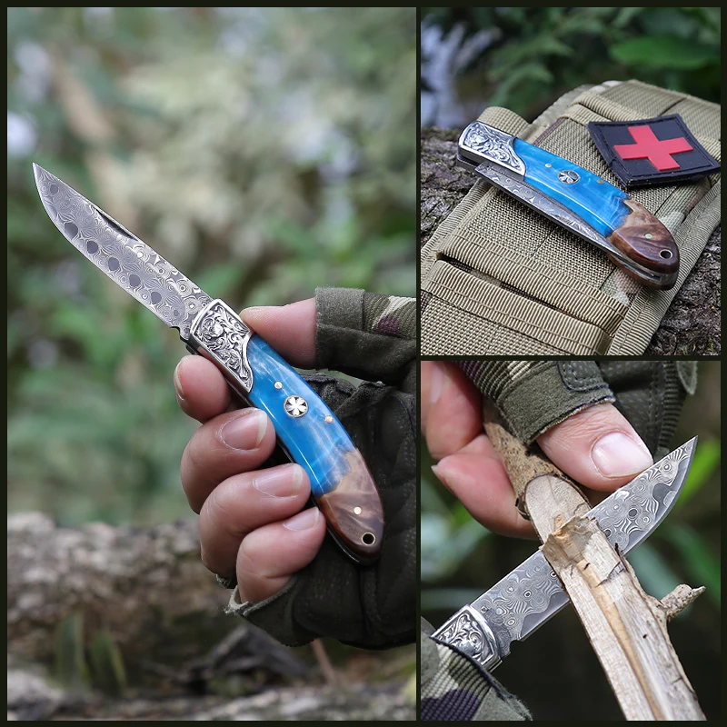 Free Sample High Quality 3.15 Inch  Damascus Blade EDC Pocket Folding Knife With Resin Rose Wood Handle For Hunting Camping