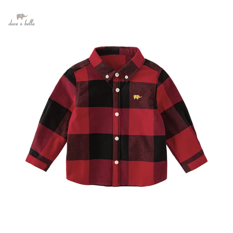 DB3237220 DAVE BELLA Autumn Children Boys Fashion Red Black Plaid Top Casual Cotton  Lapel Design Flat Hen Shirt