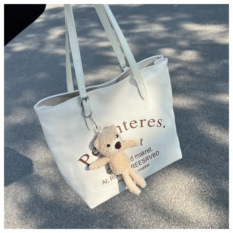 Wholesale Large Canvas Bags DIY Bear Ornament Women 2023 New Fashion Shopping Handbags Ladies Shoulder Leather Handle Tote Bags