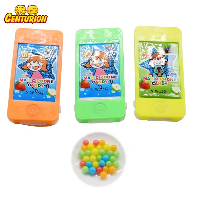 Wholesale mobile phone plastic toys filled colorful round pearl shaped fruity pressed candy sweet toy