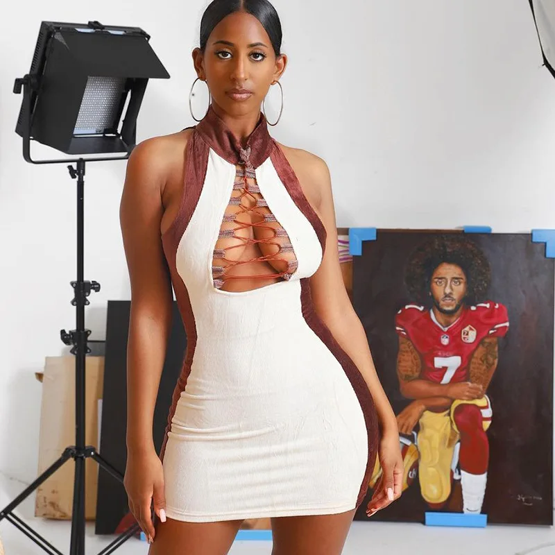 
Wholesale New lace-up hollow Sexy Dress Contrast Color Stand Collar Sleeveless Dress 2021 Women Mini Evening Bodycon Dress 