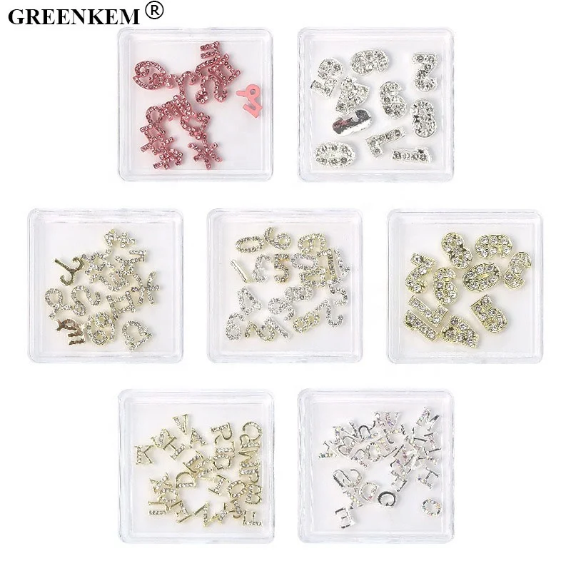 New Diamond Nail Charms Numeric Letter DIY Metal Inlaid Rhinestone Nail Decoration 12 Constellation Nail Charms