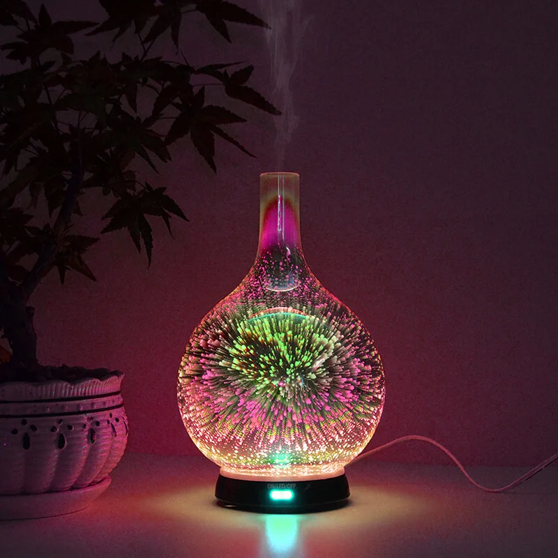 Night light 3D Glass Diffuser Essential Diffuser 100ML 3D Effect Glass Essential Oil Diffuser Ultrasonic Humidifier