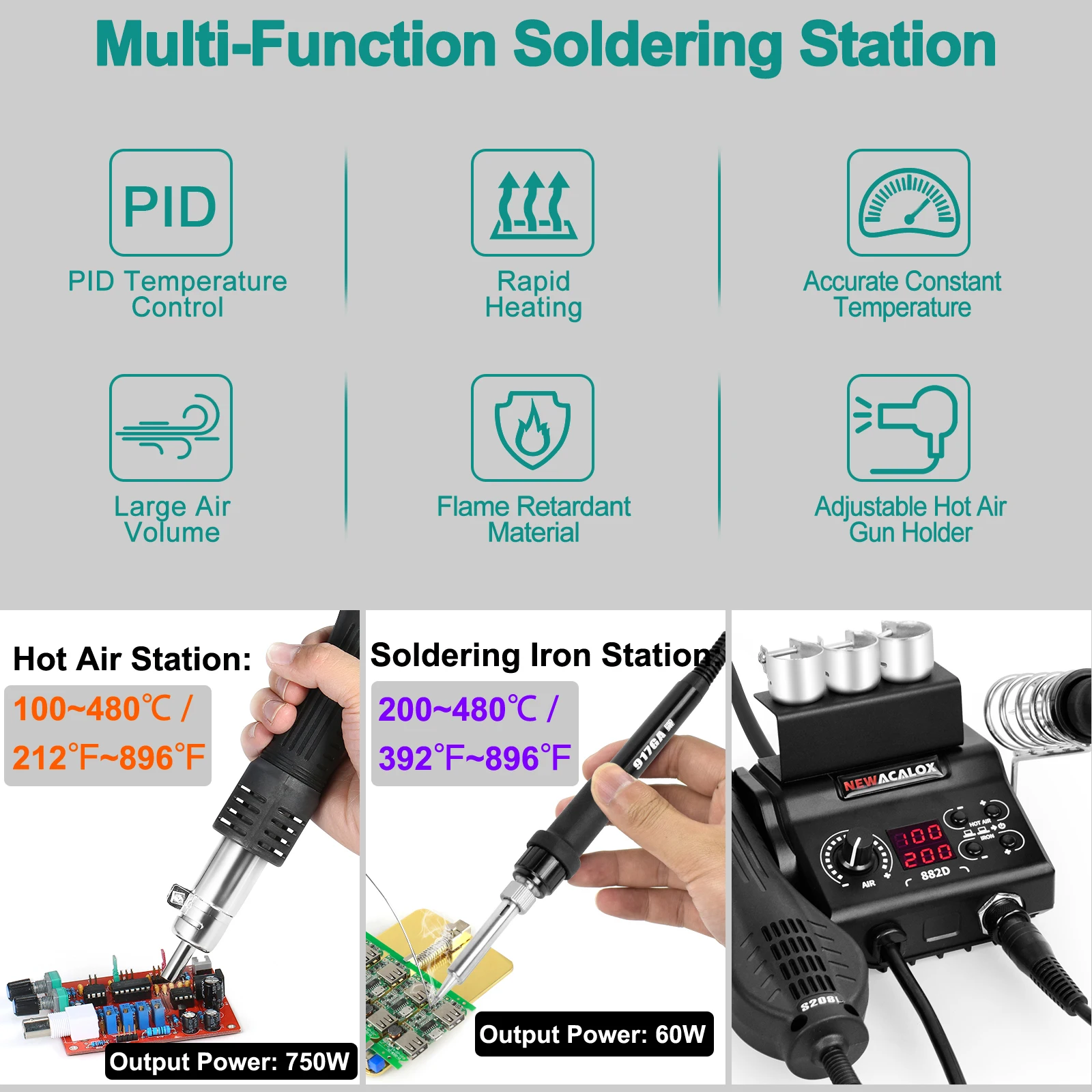 750W Rework Soldering Station Digital Thermoregulator Heat Gun Soldering Iron Station Repair Tool 882D US/EU Plug 100-240V