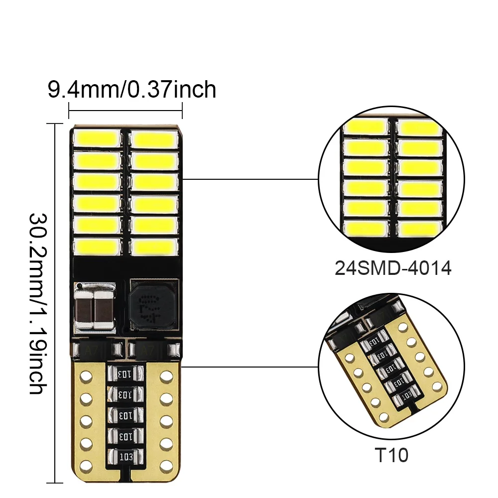 
Top Quality 255LM T10 4014 24SMD Led Auto Canbus Bulb 10-30V 1.7W W5W 194 501 Error Free Car Dome Lamp Licence PLate Light ZL046 