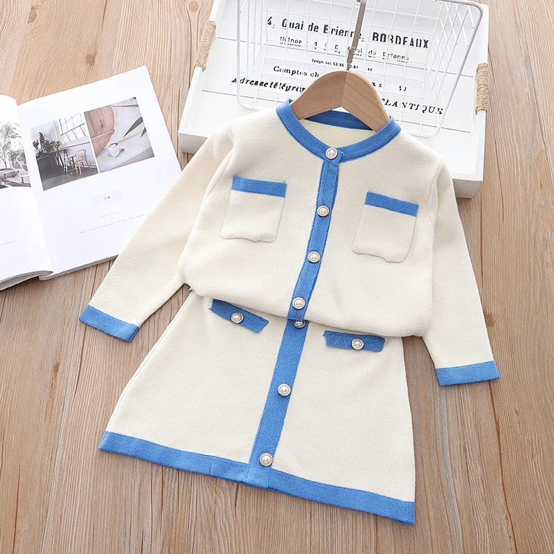 Autumn Toddler Baby Kids Girls Clothes Sets Long Sleeve Knit Tops Sweater+button Mini Skirt Warm Outfits Sets