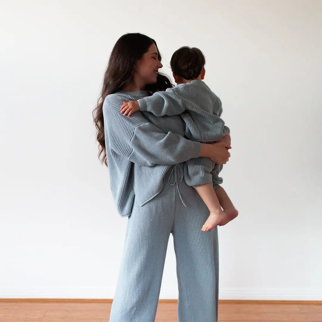 Matching Mommy and Me Cable Knitting Sweater Set Casual Cozy Loose Fit Jumper Set Home Stay Lounge Set