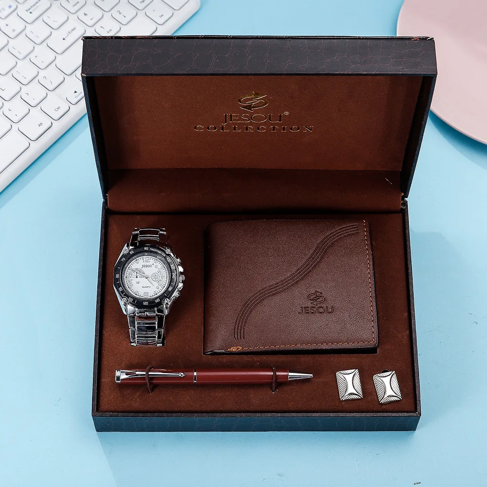 2021 New 4pcs/set couple gift set cufflinks wallet quartz watch pen good gift watches men wrist