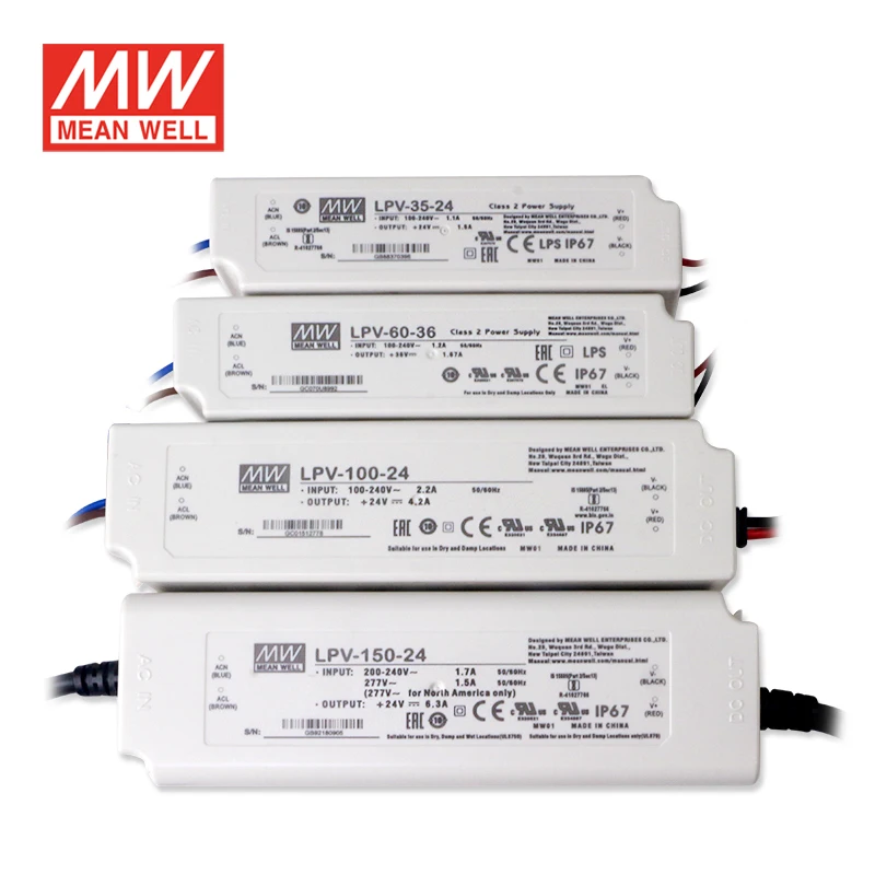 Meanwell LPV 20W 35W 60W 100W 150W 5V 12V 15V 24V 36V 48V AC/DC Single Output Waterproof IP67 Constant Voltage LED Driver