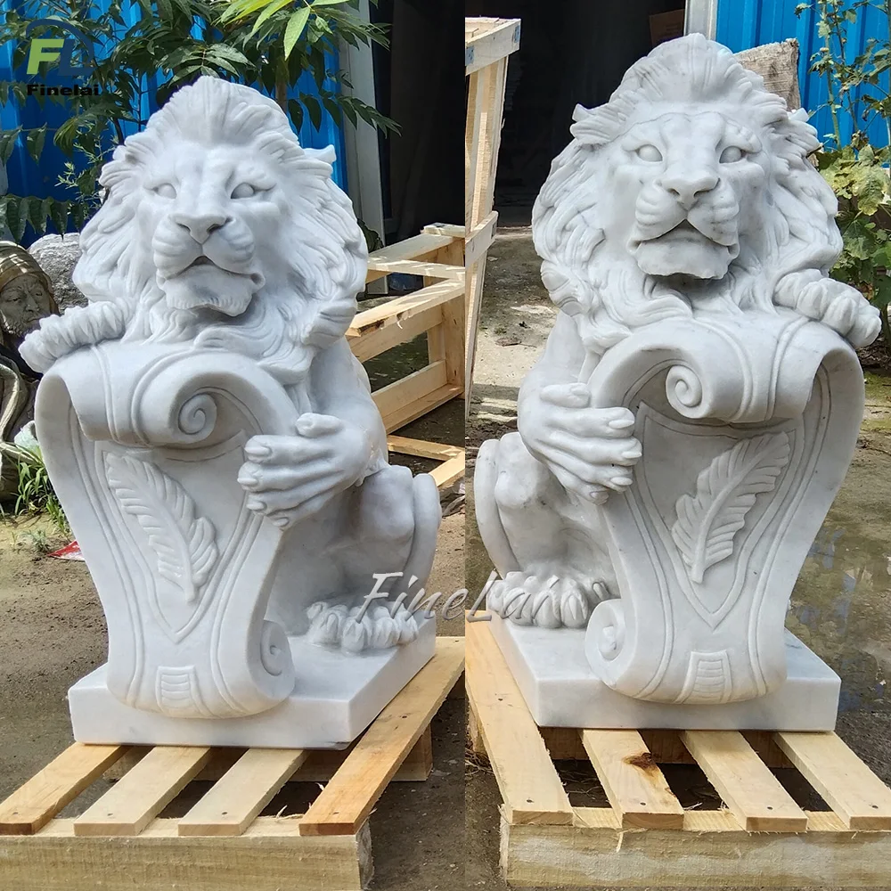 Outdoor Decoration Hand Carved Modern Garden Life Size White Large Marble Sitting Lion Statues For Sale