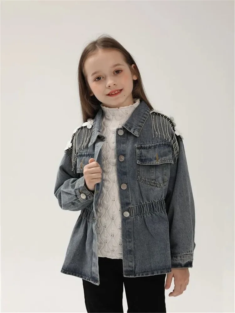 2022 Customized Girls Jackets Fashion Applique Rhinestone Tassel Trim Drop Shoulder Denim Jacket Girls Casual Jackets