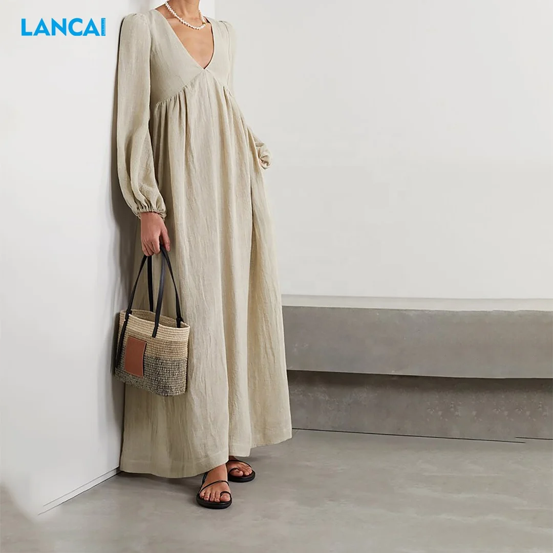 Custom Summer Clothing Elegant Vintage V-neck Maxi Ladies Long Sleeve Women Casual Dresses Linen Dress