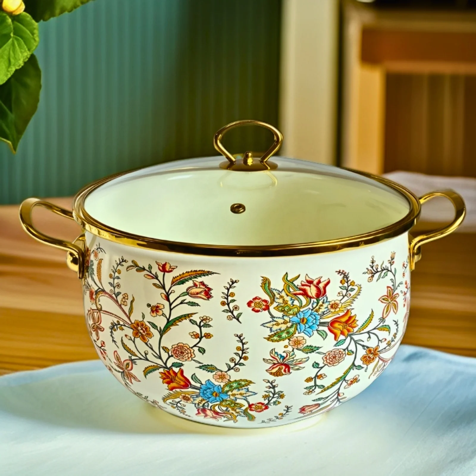 20/22/24/26/28cm enamel kitchenware casserole glass cover gold handle Fu pot style high quality deep soup pot seafood pot