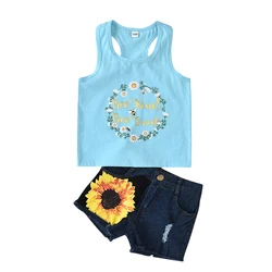 Agradecido шорты из джинсовой ткани для маленьких девочек, топы без рукавов с подсолнухом, Распродажа детской одежды комплекты одежды для детей