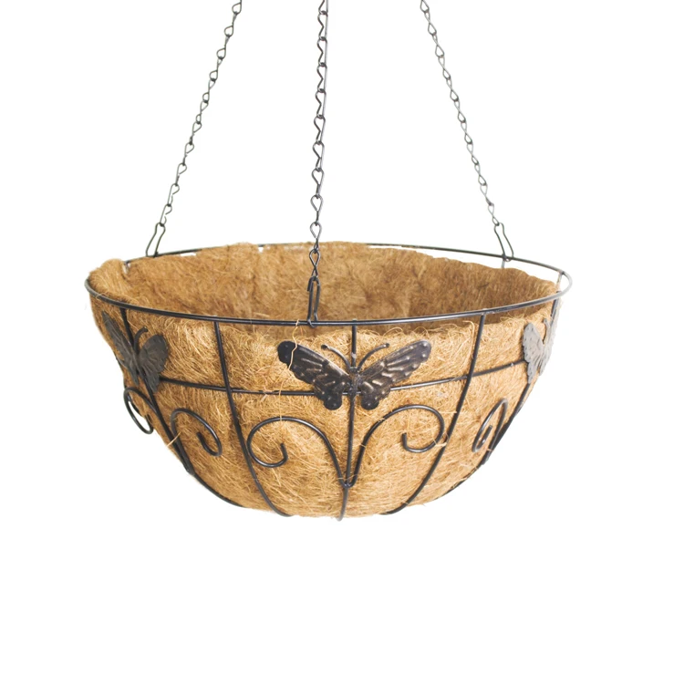 35cm Scroll & butterfly Metal Hanging Baskets for Plants holder flower pots hanger with coco coir liner outdoor indoor black