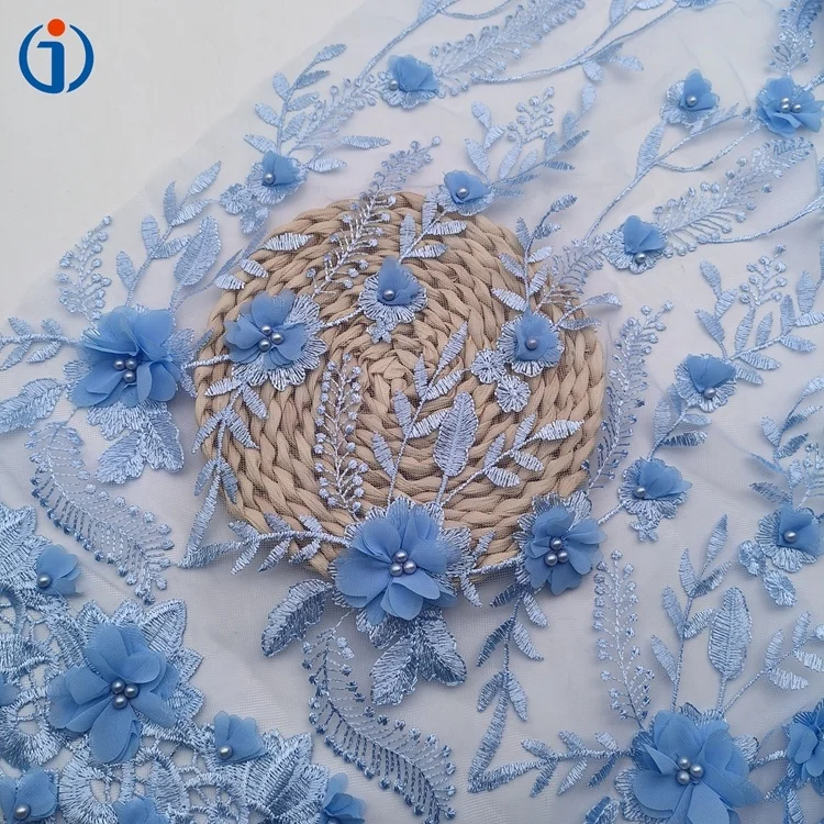 High End Polyester Heavy Multi Color 3D Flower Embroidery Tulle Handmade Beaded Pearl  Mesh Fabric for Wedding