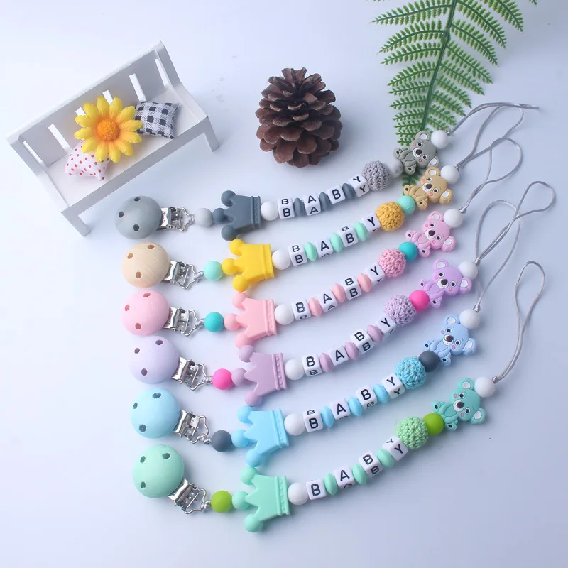 New baby pacifier clip teeth glue anti-drop chain cute animal silicone beads pacifier chain baby supplies