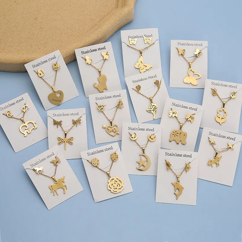 Butterfly Earnail Necklace Set Stainless Steel Geometric Shape Heart Collar Chain Two Piece Sets for Women Girls Fashion Jewelry