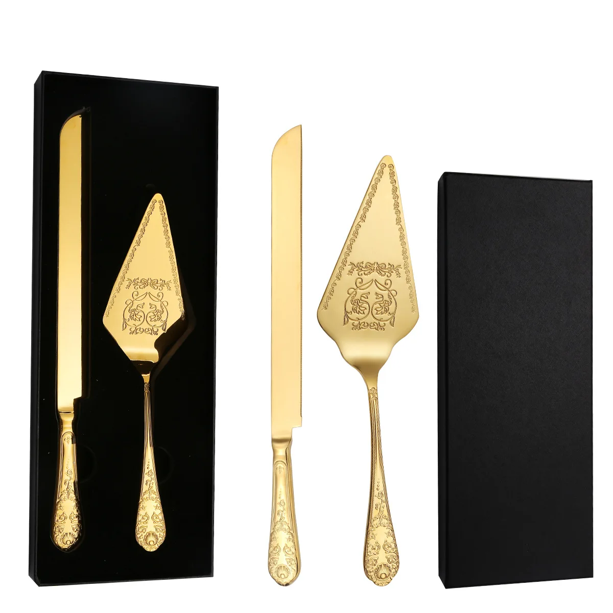 18/10 Luxury Gold Stainless Steel Wedding Cake Knife Cutter And Spatula Set 2 Piece Pie Server Cake Cutter Knife for Birthday