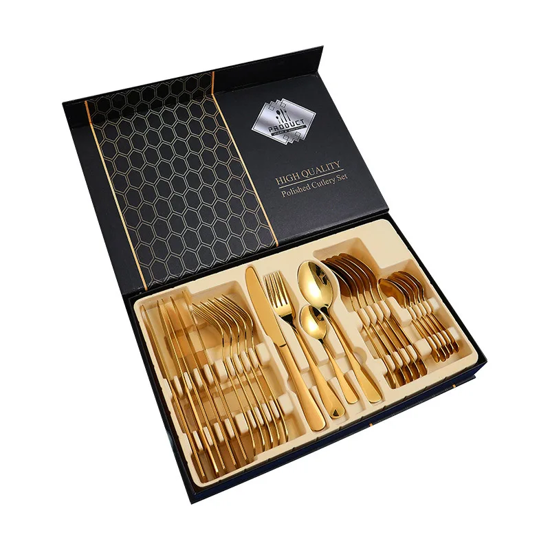 Hot luxury mirror polish golden flatware stainless steel spoon fork knife cutlery set 24pcs cutlery set with Gift box