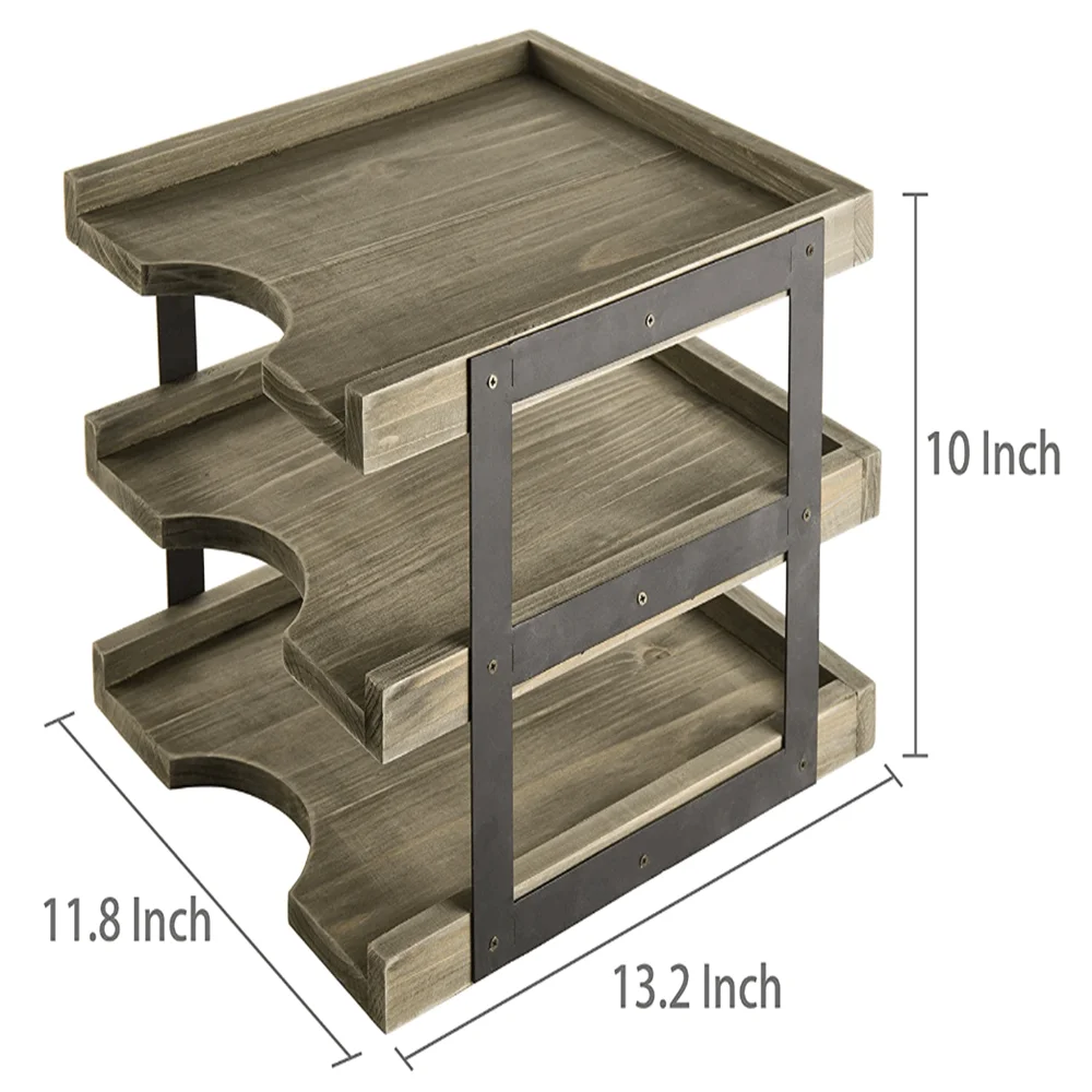 Brown 3 Tier Wood Desktop Paper Tray with Metal Frame Rustic Desk Document Mail Folder Holder Office Organizer