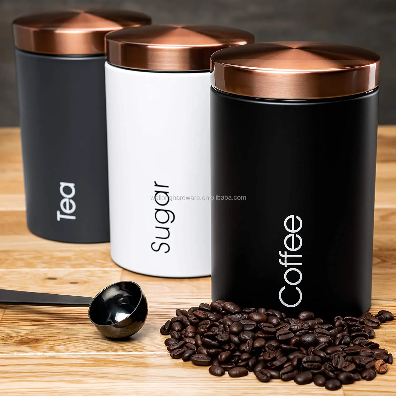 Set of 3 Large Metal Kitchen Storage Canisters Copper Stainless Steel Lid Jars for Storage of Tea Coffee and Sugar