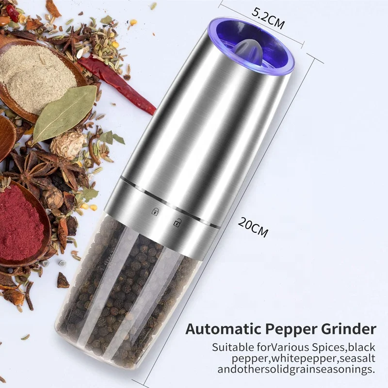 One Hand Operation Stainless Steel Spice Mill Automatic Gravity Induction Electric Salt And Pepper Grinder With Blue Led Light
