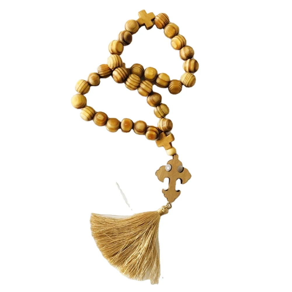 faux olive wood unfinished Prayer Beads orthodox Cross Rosary 11*12mm Wooden Beads Necklace car hanging rosary with brown tassel